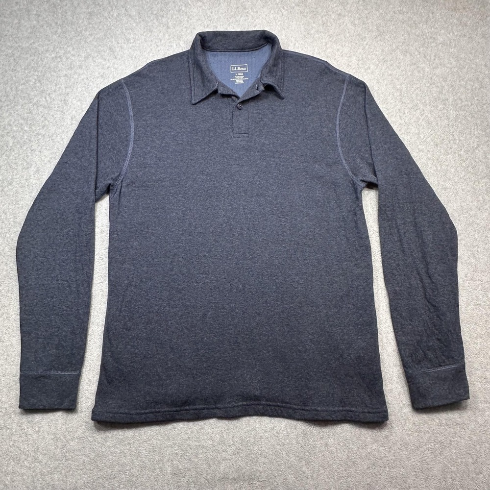 LL Bean River Drivers Polo Shirt Mens Large Blue Long Sleeve Wool Blend Outdoor